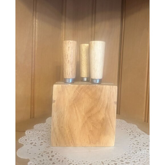 Vintage Wooden Cheese Knife Block Stainless Steel Utensil Servers Appetizers - Picture 6 of 8